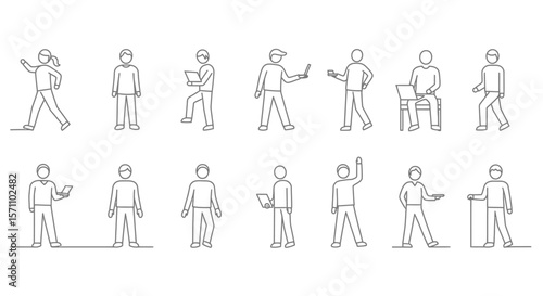 Line art illustrations of various people engaged in different activities, including walking, holding devices, and sitting.
