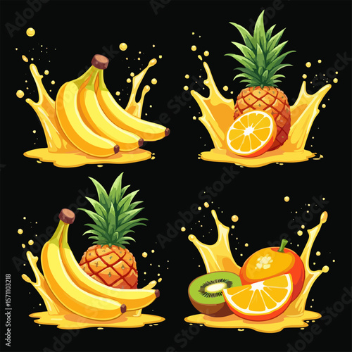 Set of vector design with sliced kiwi, pineapple, 
banana, orange, fruit juice
splashes, drops isolated on black background. 
Print for ice cream, yogurt,
lemonade label, sweet water, food packaging.