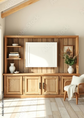 Wallpaper Mural Mockup of a plain white picture frame displayed on a weathered wooden bookshelf in a cozy farmhouse living room bathed in soft natural light creating a clean and serene ambiance Empty room interior d Torontodigital.ca