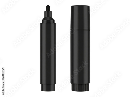 A black permanent marker shown with and without its cap. Used for labeling, drawing, or writing on various surfaces in office, school, or art settings.