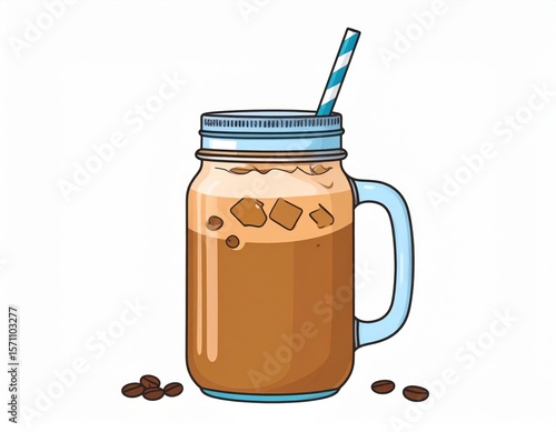 Digital Illustration Of Iced Coffee In Glass Jar With Straw