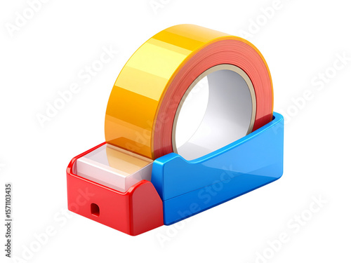A colorful tape dispenser with a roll of yellow tape, isolated against a white background.
