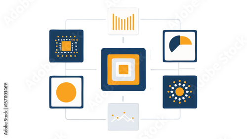 Illustration of a grid with user icons and document icons next to mobile devices and blocks