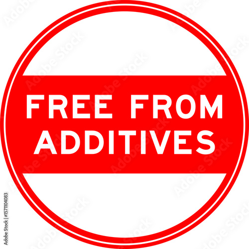 Red color round seal sticker in word free from additives on white background