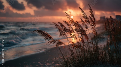 Sea oats on the beach at sunset with ocean and cloudy sky