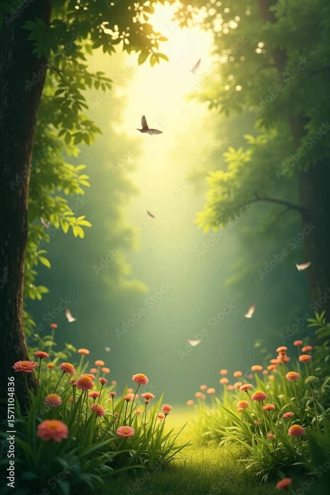 Enchanted Forest with Pink Flowers and Flying Birds Enchanted Forest with Pink Flowers and Flying Birds