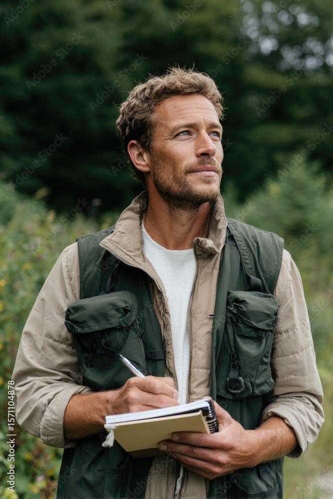 Fototapeta premium Thoughtful man in nature, jotting notes, exuding curiosity and p