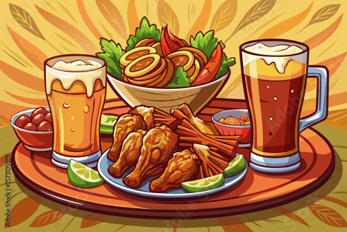 vector of A tempting plate of chicken shoulder and wings and a glass of beer on the table in stylishly decorated dishes for fast food restaurants.