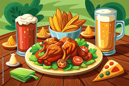 vector of A tempting plate of chicken shoulder and wings and a glass of beer on the table in stylishly decorated dishes for fast food restaurants.
