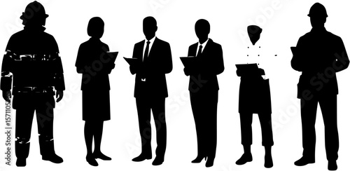 Group people different occupations professions standing together vector silhouettes set 5
