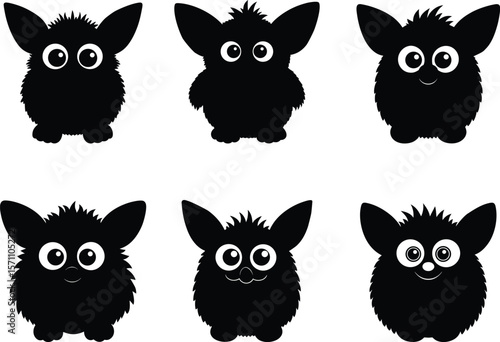 90s electronic toy set - 6 retro furry creature silhouettes, EPS JPEG PNG