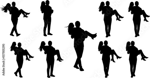 Man carrying woman in various poses isolated silhouettes set.
