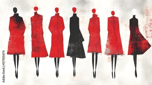 Fashion illustrations of coats in red and black.
