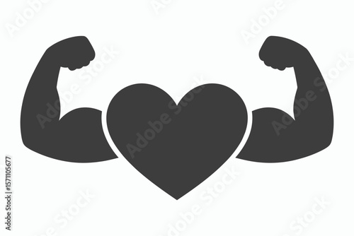 Strong heart symbol flexing biceps muscles icon representing health and strength
