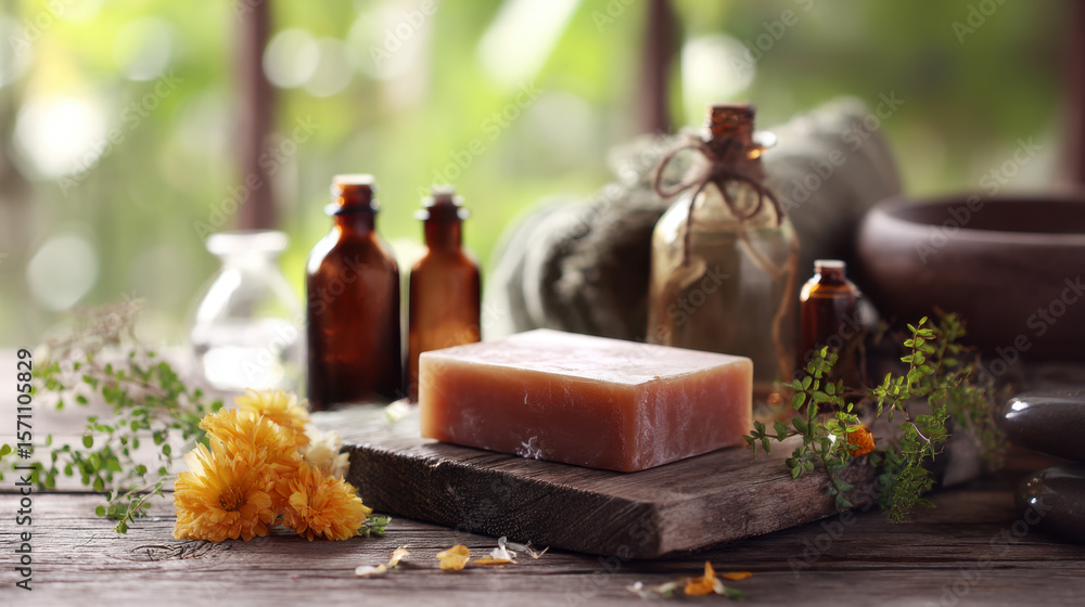 Fototapeta premium Rustic wooden table adorned with natural handmade soap, essential oil bottles, and dried herbs, symbolizing organic skincare, aromatherapy, and holistic wellness