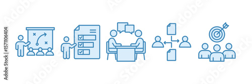 Strategy Planning Icon Set Multiple Style Collection, Containing design Project Discussion, Workflow Optimization, Team Goals,  Task Prioritization