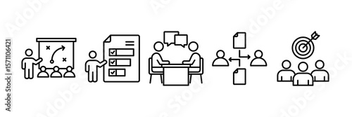 Strategy Planning Icon Set Multiple Style Collection, Containing design Project Discussion, Workflow Optimization, Team Goals,  Task Prioritization