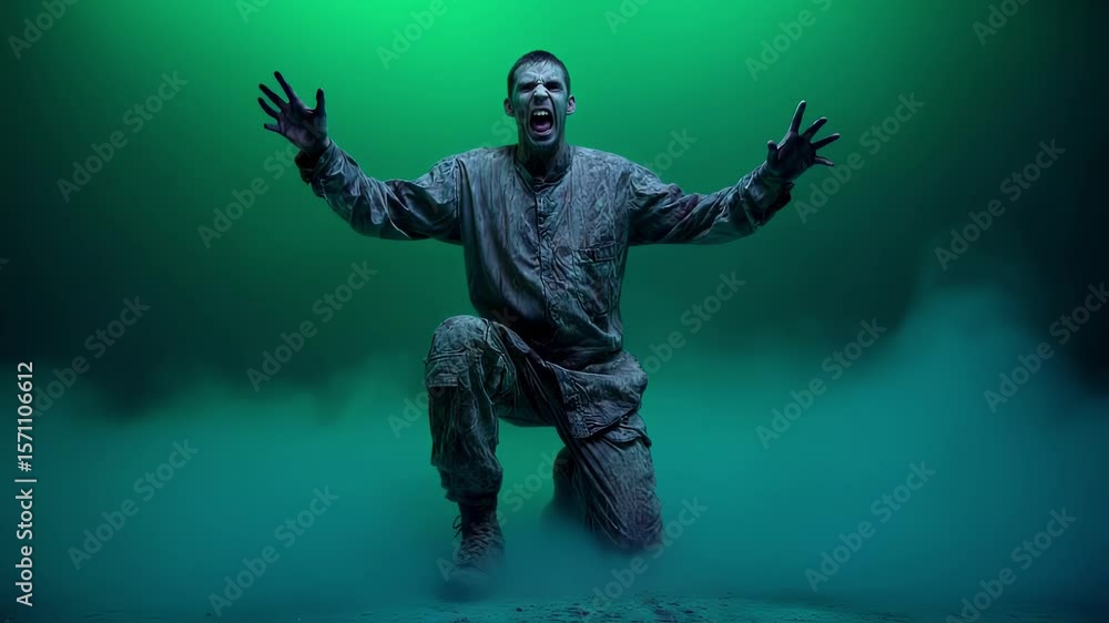 Menacing zombie emerges from dense green fog, showcasing a dramatic and eerie atmosphere. The creature's aggressive stance and haunting expression add to the horror theme Menacing zombie emerges from dense green fog, showcasing a dramatic and eerie atmosphere. The creature's aggressive stance and haunting expression add to the horror theme