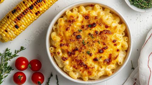 Mac and cheese with grilled corn on the cob and cherry tomatoes, creamy and cheesy macaroni on a white plate.