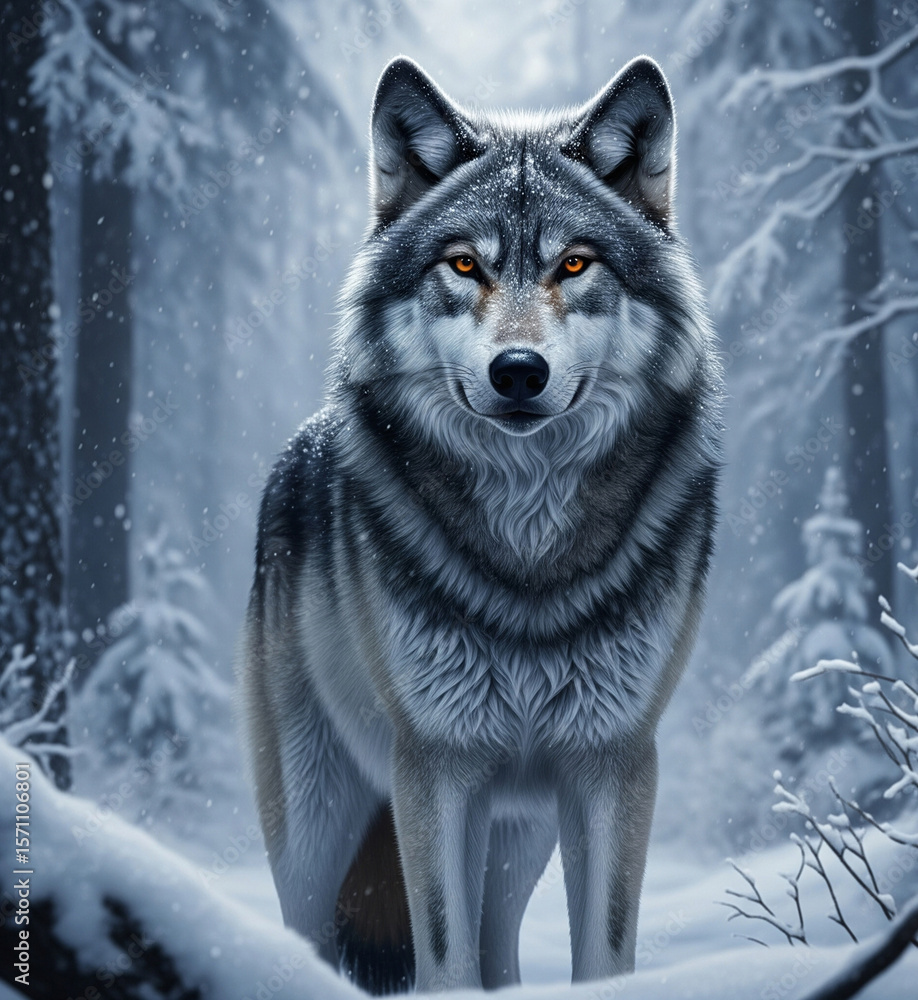 Naklejka premium A majestic grey wolf with piercing amber eyes standing in a snow-covered forest, alert and proud.