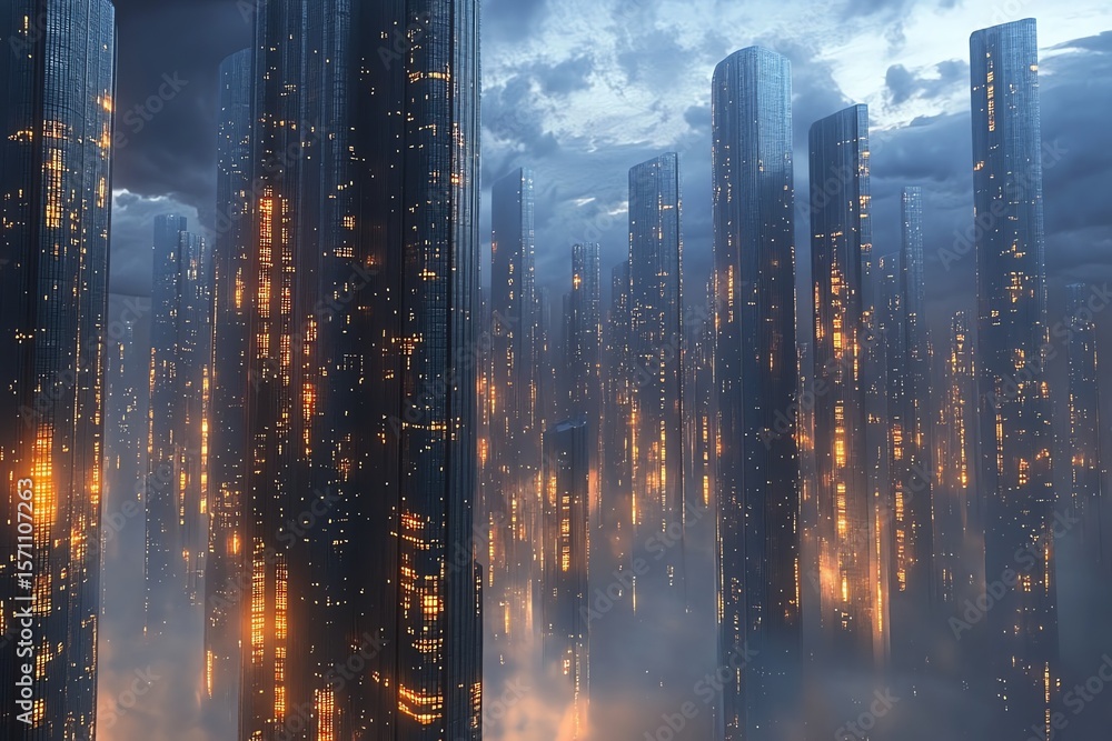 Fototapeta premium Futuristic Cityscape at Night with Glowing Windows