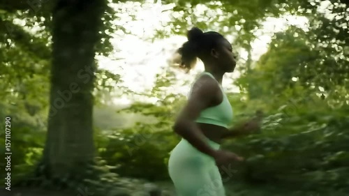 Woman jogging in green outfit through lush park during morning exercise routine