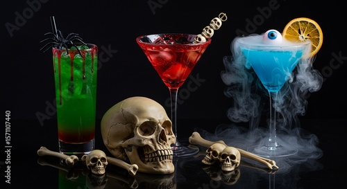 Spooky halloween cocktails with skulls and bones on a dark background