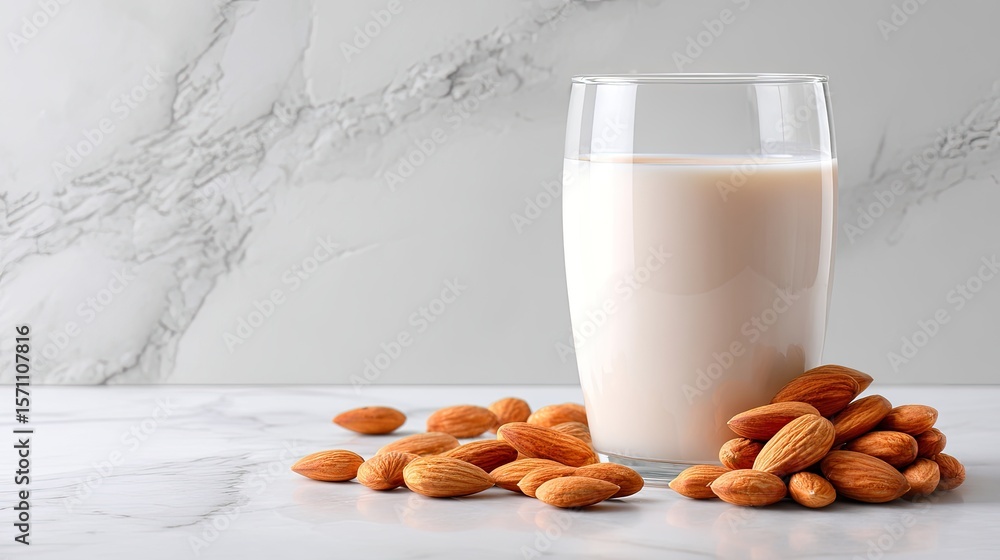 Fresh Almond Milk in Glass with Raw Almonds on Marble Surface Fresh Almond Milk in Glass with Raw Almonds on Marble Surface