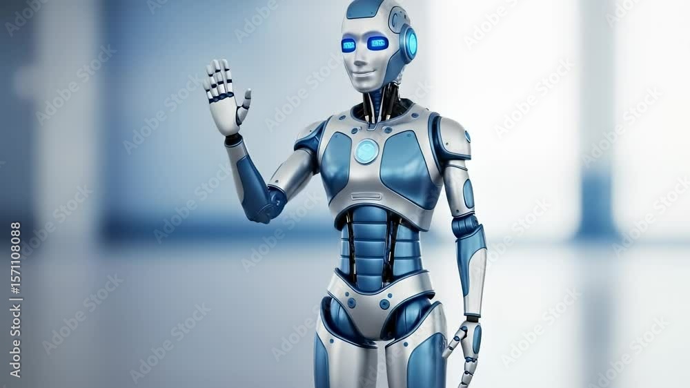 friendly advanced humanoid robot with glowing blue eyes waves its hand in a clean futuristic environment. friendly advanced humanoid robot with glowing blue eyes waves its hand in a clean futuristic environment.