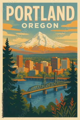 Artistic travel poster featuring Portland, Oregon cityscape with a steel bridge over river, pine trees in foreground and snowy mountain range towering in the background