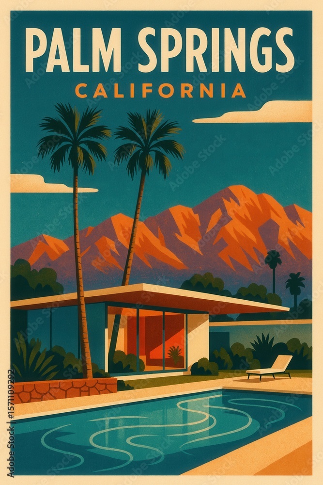 Fototapeta premium Artistic depiction of Palm Springs with a modernist home, palm trees, a pool, and distant red mountains under a clear teal sky evoking a stylish retro atmosphere