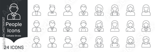 Business People Avatar Line Icon Set. Professional Male and Female Character Icons with Diverse Hairstyles and Outfits Outline Symbol Collection. Editable Stroke. Isolated Vector Illustration