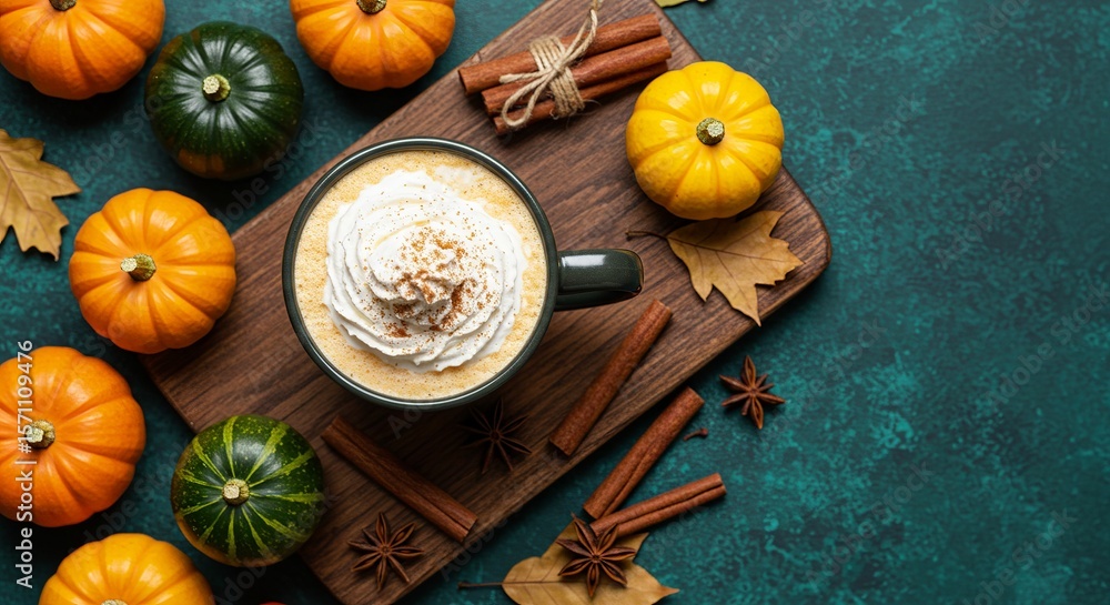 Fototapeta premium Cozy autumn beverage with whipped cream and mini pumpkins cinnamon sticks and star anise