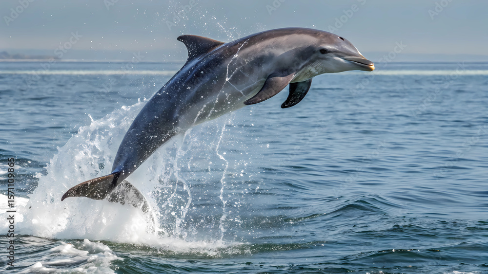 Fototapeta premium Dolphin jumping out of the water stock photo marine wildlife sea ocean aquatic mammal animal photography