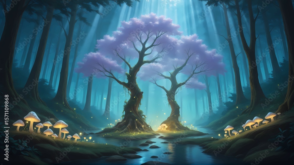 Naklejka premium Mushrooms and Forest Trees Lights 01