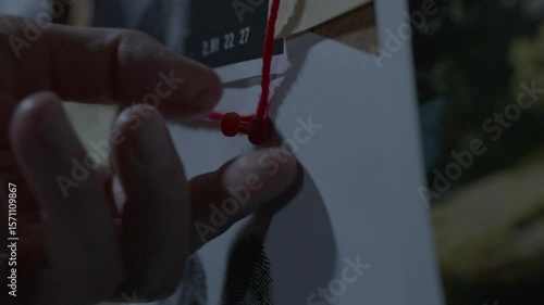 Close up of draw pin being put into evidence board