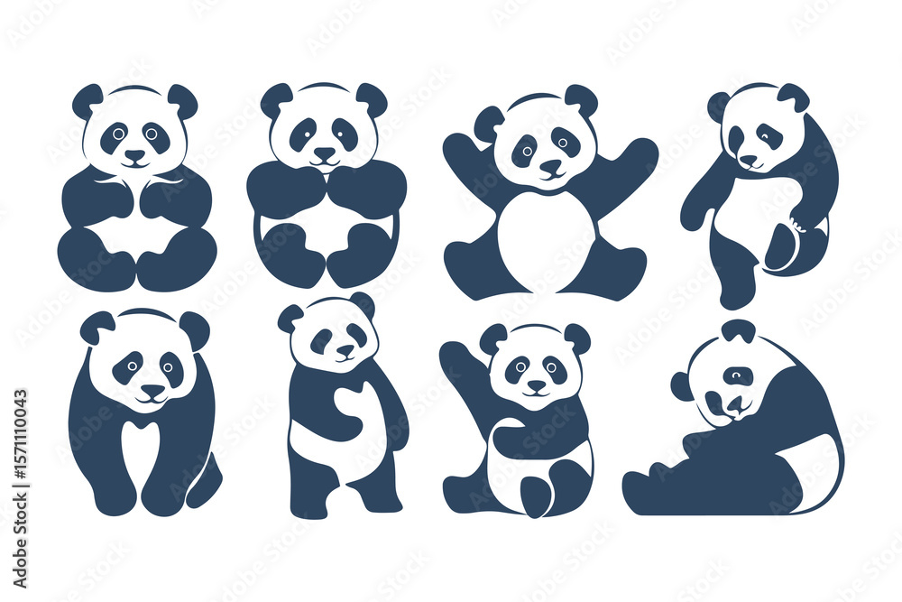 Obraz premium Set of Cute Panda Bear Illustrations in Different Poses. Vector Cartoon Style Animals for Kids Designs, Logos, Stickers, and Branding