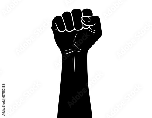 Raised black fist symbolizes strength and empowerment; suitable for activism, social justice, equality, power, rebellion, protest, and unity concepts.
