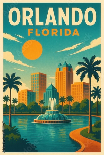 A colorful vintage-style travel poster of Orlando Florida showing palm trees, a round water fountain, and a modern city skyline beneath a bold sun in a blue sky