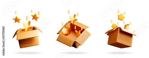 Set of 3d rendering gift boxes with falling golden stars. Concept of bonus, loyalty program, reward, rating, positive feedback.