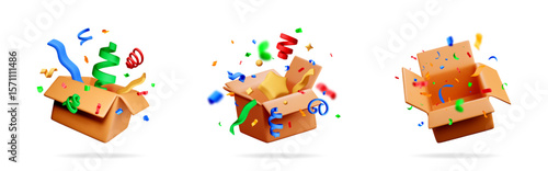 Set of 3d cardboard box with flying confetti and ribbons, concept of present or surprise during holiday or celebration, social media marketing