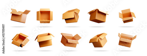 Set of 3d rendering open cardboard delivery box. Parcel for shipping mockup. Empty brown carton package for post or present on white background.