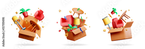 Relocation concept with furniture jumping from cardboard boxes. Moving day design element. Household items packing for apartment transfer.