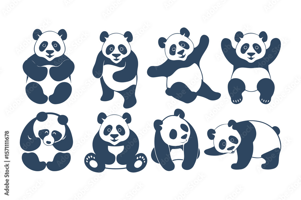 Obraz premium Set of Cute Panda Bear Illustrations in Different Poses. Vector Cartoon Style Animals for Kids Designs, Logos, Stickers, and Branding