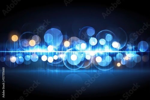 Abstract digital background of glowing circles and sound waves.  Dark blue with glowing light blue and white circles, bokeh effect.  Horizontal band of sound waves.  Reflective surface at bottom