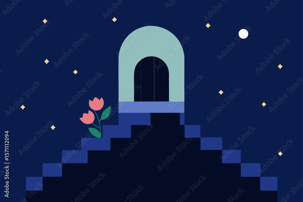 Romantic Staircase With Flowers Under Night Sky Romantic Staircase With Flowers Under Night Sky