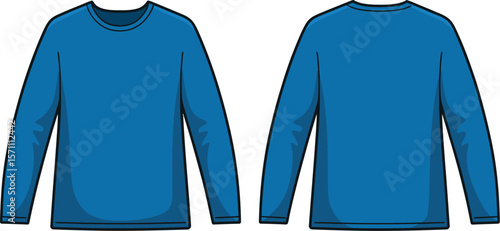 Illustration of a long sleeved blue shirt shown from the front and back on a gray background