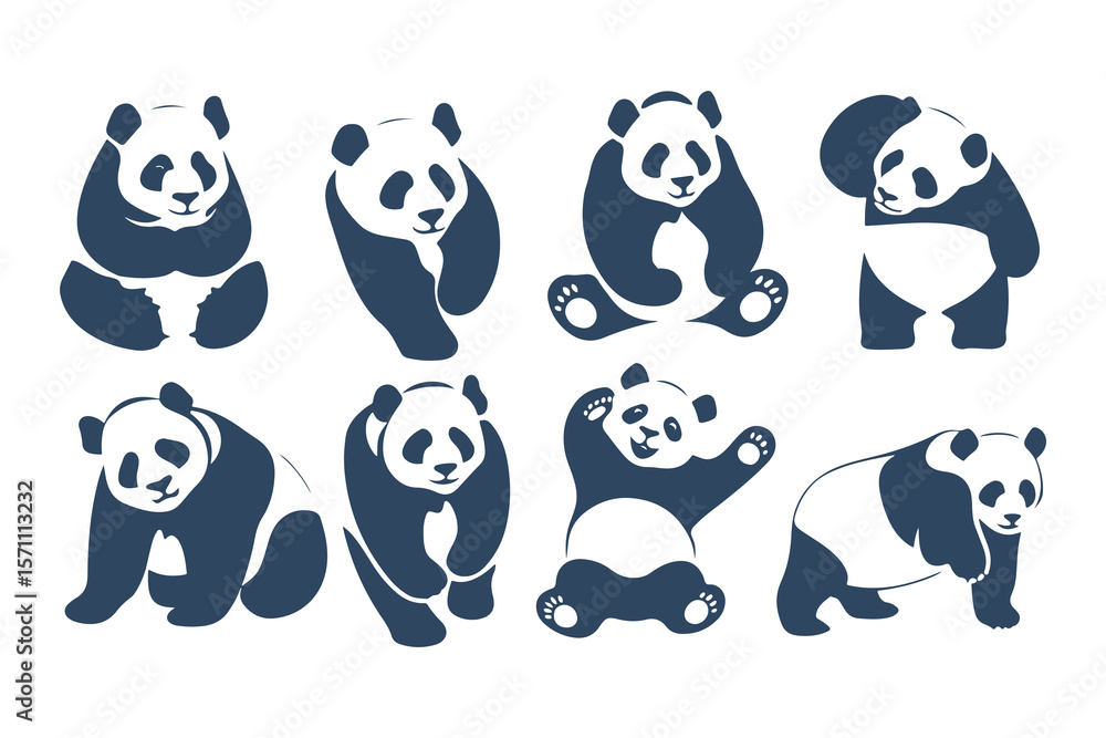 Obraz premium Set of Cute Panda Bear Illustrations in Various Poses. Vector Wildlife Animal Icons for Logos, Mascots, Posters, and Nature Themed Designs