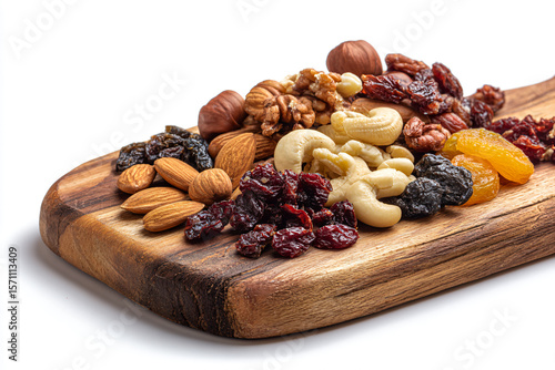a wooden cutting board topped with nuts and dried fruit