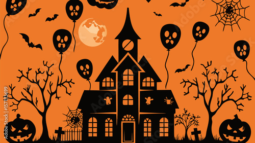 Spooky haunted house and bat silhouettes create a seamless Halloween night pattern with pumpkins, trees, and a full moon over a dark, old town